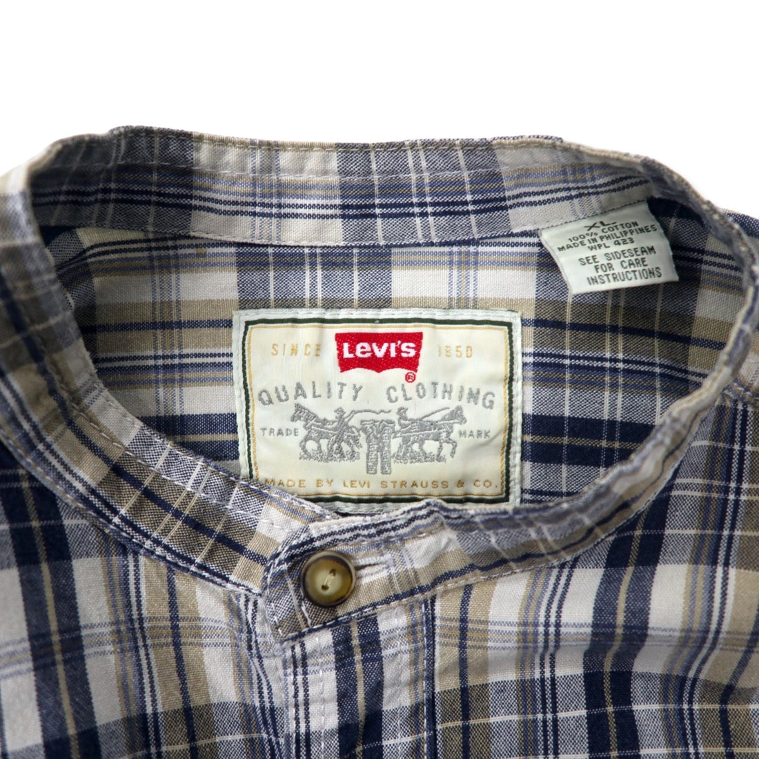 Levi's 90s Band Collar Shirt, XL, Beige, Navy, Check, Cotton