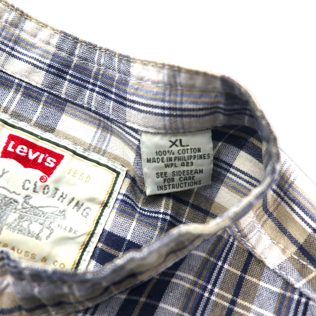 Levi's 90s Band Collar Shirt, XL, Beige, Navy, Check, Cotton