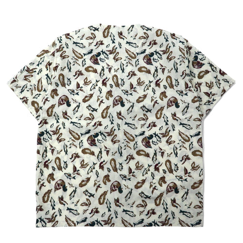 90s Puritan No-collar Short-sleeve Shirt L Beige Cotton All-over Fish Camo Pattern