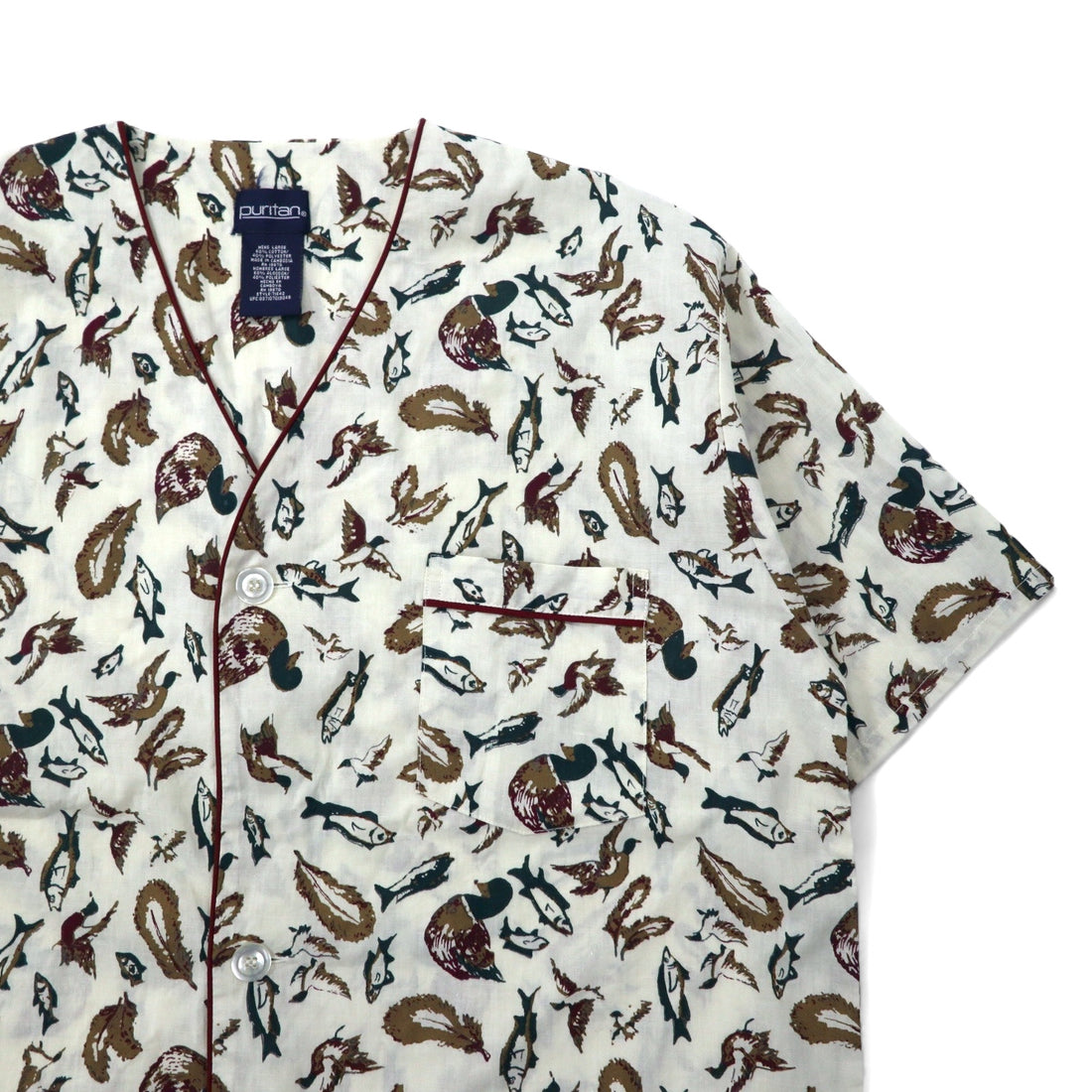 90s Puritan No-collar Short-sleeve Shirt L Beige Cotton All-over Fish Camo Pattern