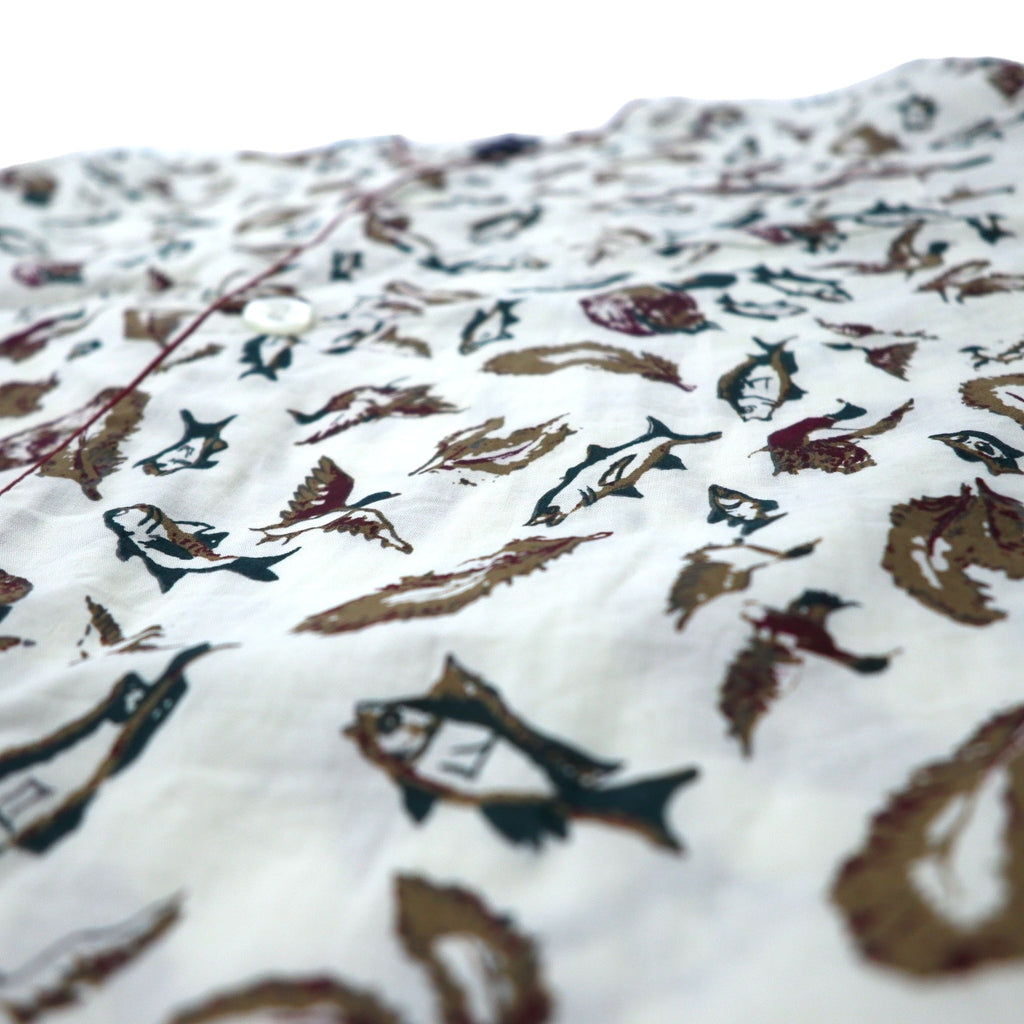 90s Puritan No-collar Short-sleeve Shirt L Beige Cotton All-over Fish Camo Pattern