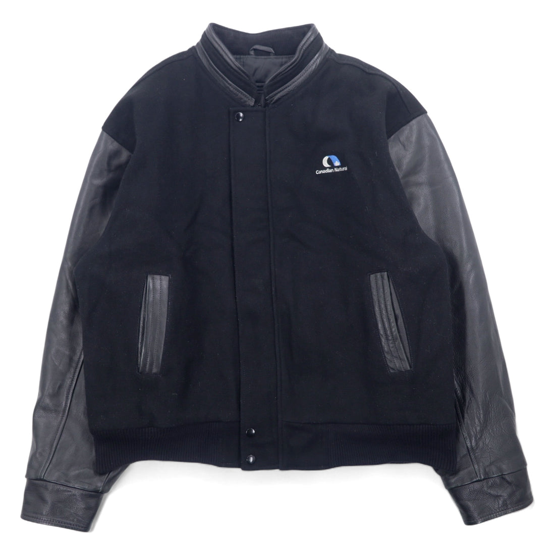 日本然リトテ-古着オンライン-90年代 CANADA SPORTS WEAR レザー切替 メルトン スタジャン XL ブラック ウール Canadian Natural ロゴ刺繍-90's CANADA SPORTS WEAR Leather Melton Varsity Jacket XL Black Wool Canadian Natural Logo Embroidery