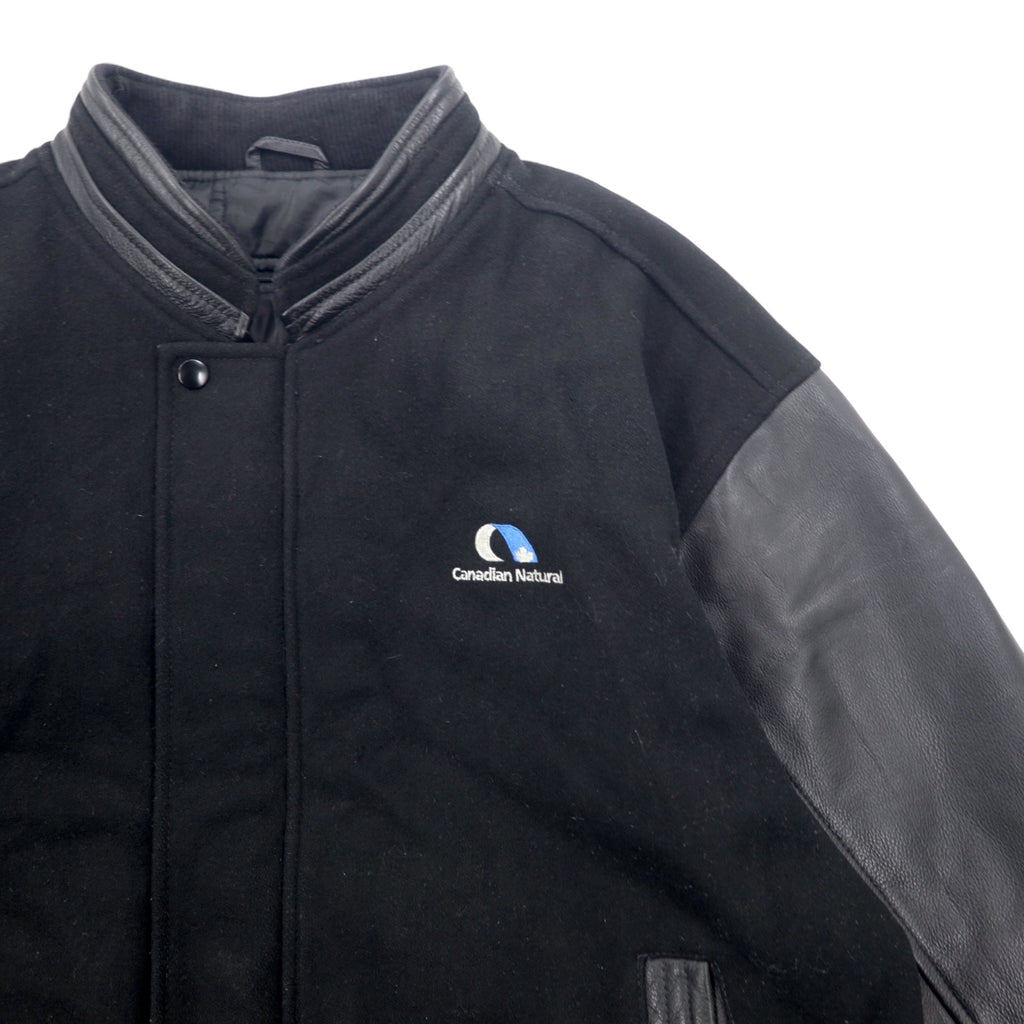 90s CANADA SPORTS WEAR Leather-trimmed Melton Stadium Jacket, XL, Black, Wool, Canadian Natural, Logo Embroidery