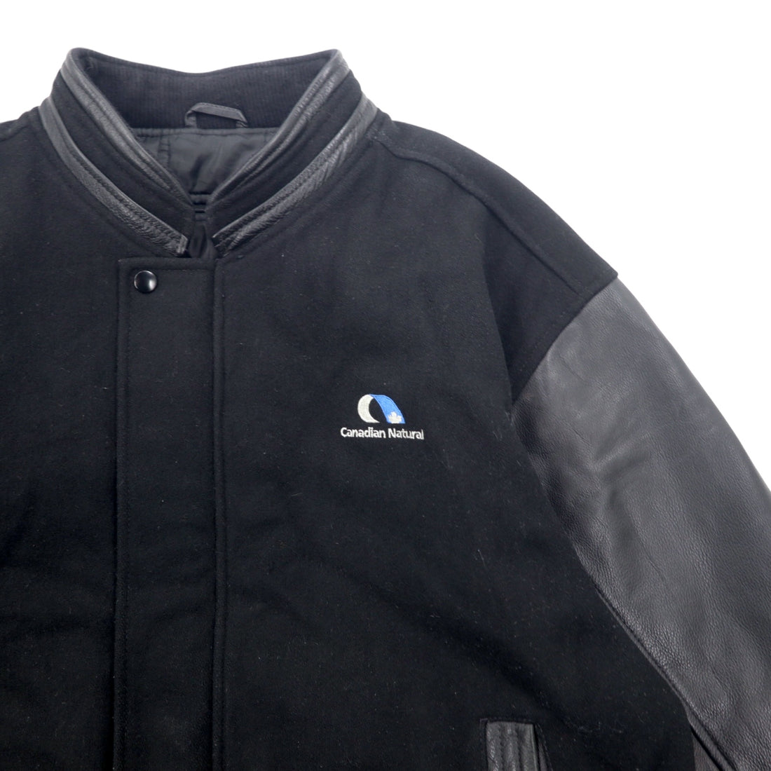 90s CANADA SPORTS WEAR Leather-trimmed Melton Stadium Jacket, XL, Black, Wool, Canadian Natural, Logo Embroidery