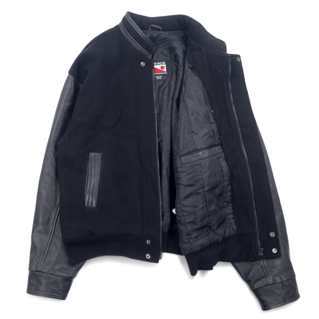 90s CANADA SPORTS WEAR Leather-trimmed Melton Stadium Jacket, XL, Black, Wool, Canadian Natural, Logo Embroidery