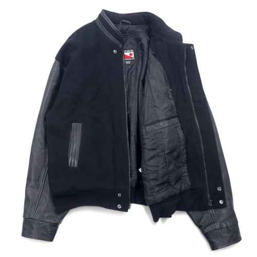 90s CANADA SPORTS WEAR Leather-trimmed Melton Stadium Jacket, XL, Black, Wool, Canadian Natural, Logo Embroidery