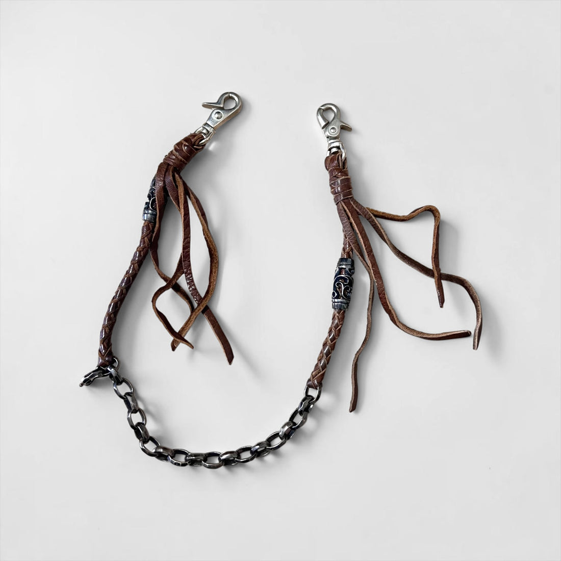 ALZUNI AZ950 Braided Leather Wallet Chain Brown Silver-Tone Chain Double Clasp Tassel Biker Style