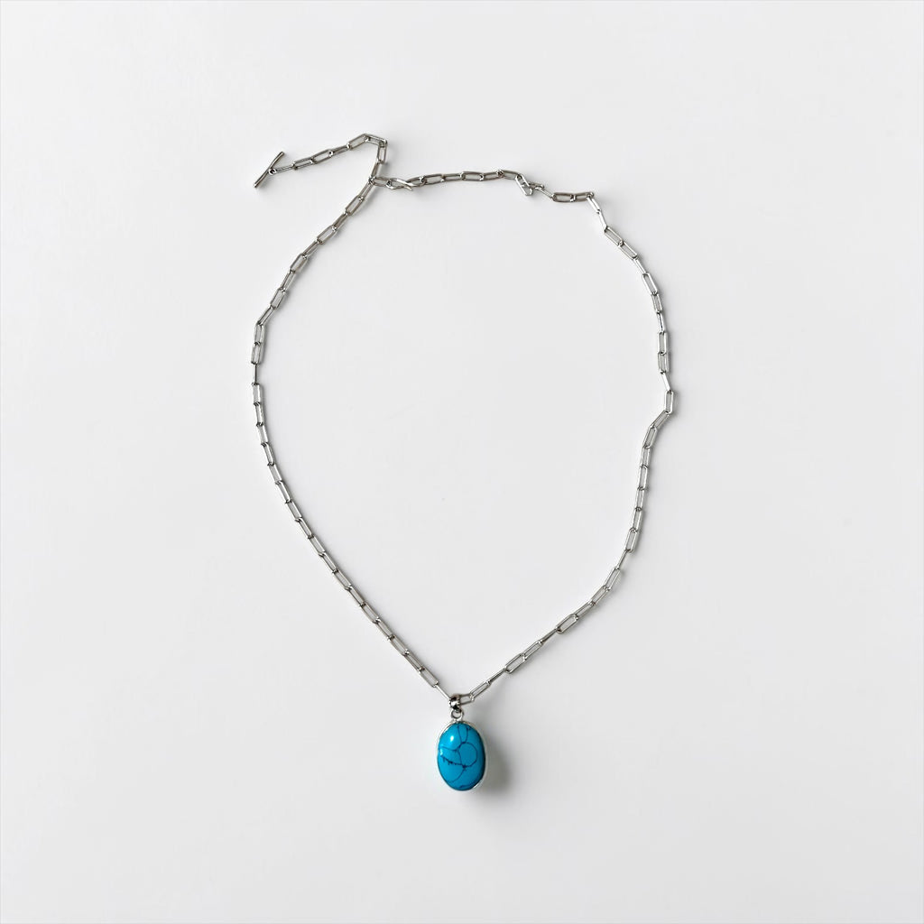 925 Silver Oval Turquoise-Style Pendant Necklace Small Cabochon Blue Stone