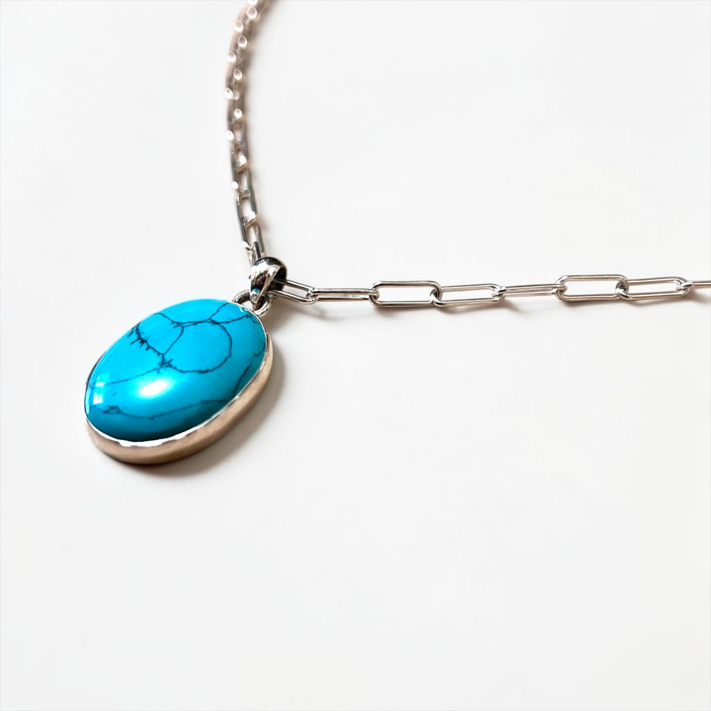 925 Silver Oval Turquoise-Style Pendant Necklace Small Cabochon Blue Stone
