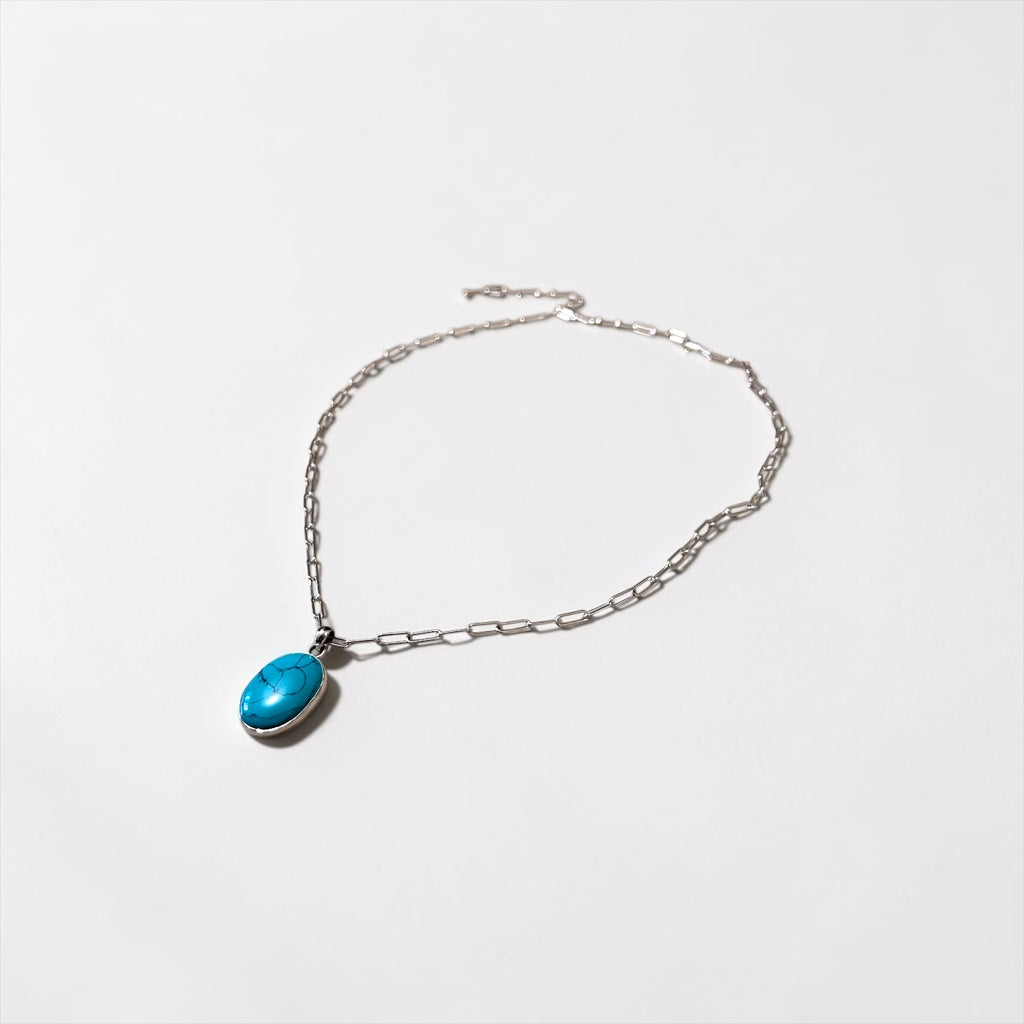 925 Silver Oval Turquoise-Style Pendant Necklace Small Cabochon Blue Stone