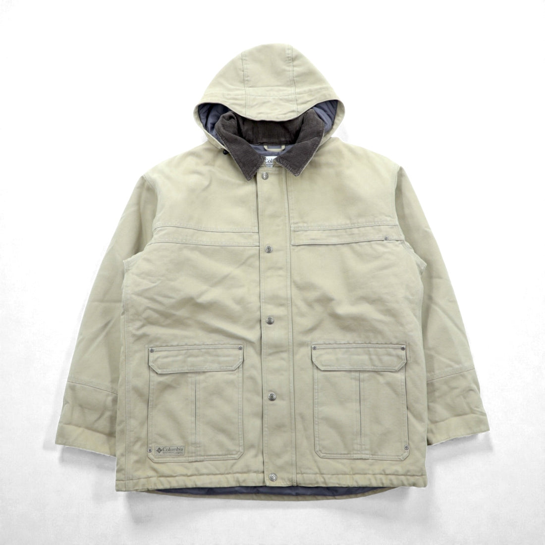 Columbia Coverall XL Duck Padded Work Jacket, Beige, Corduroy Collar, Detachable Hood, PM5028