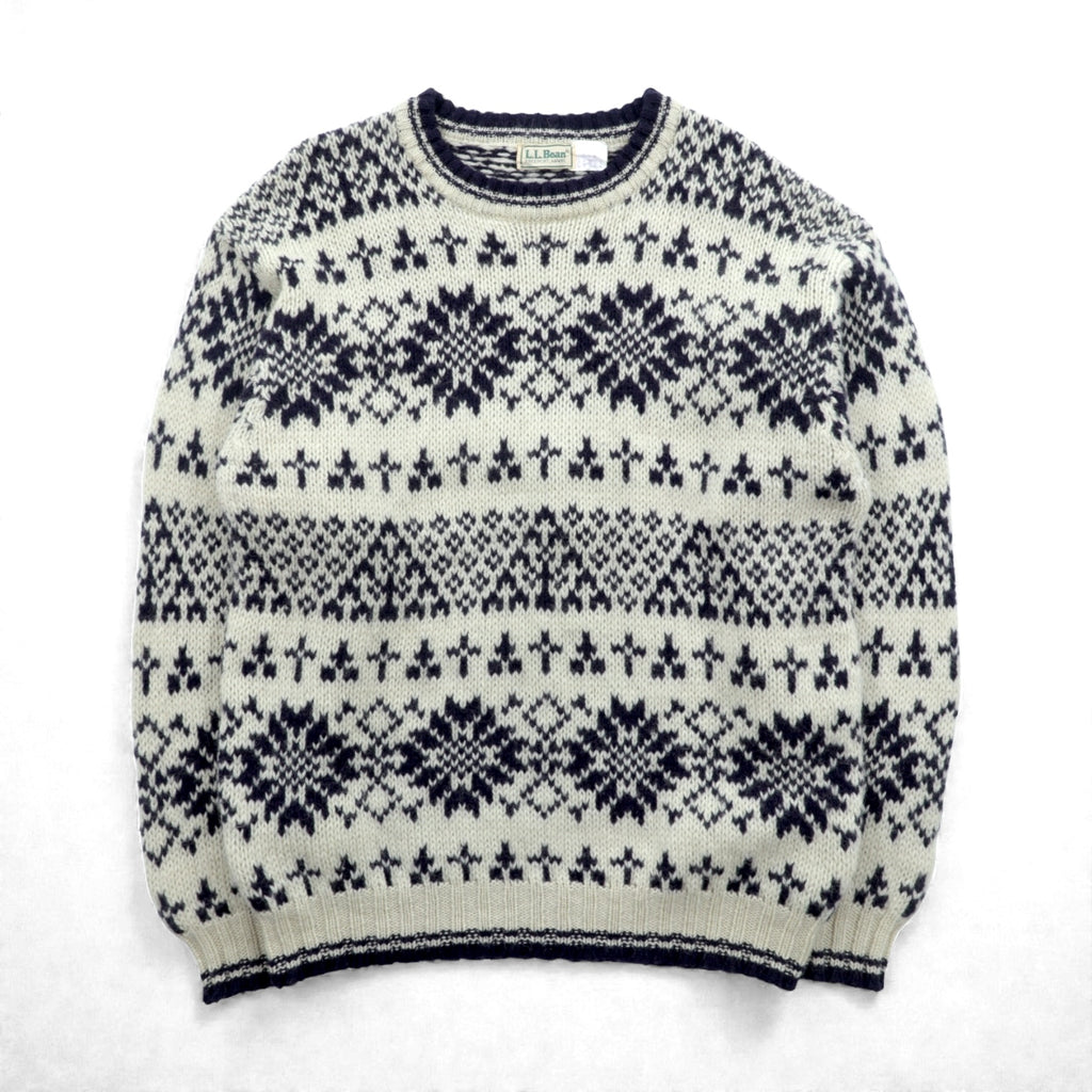 L.L.Bean 80s Made in USA Nordic Knit Sweater, Medium, White Allover Pattern Wool