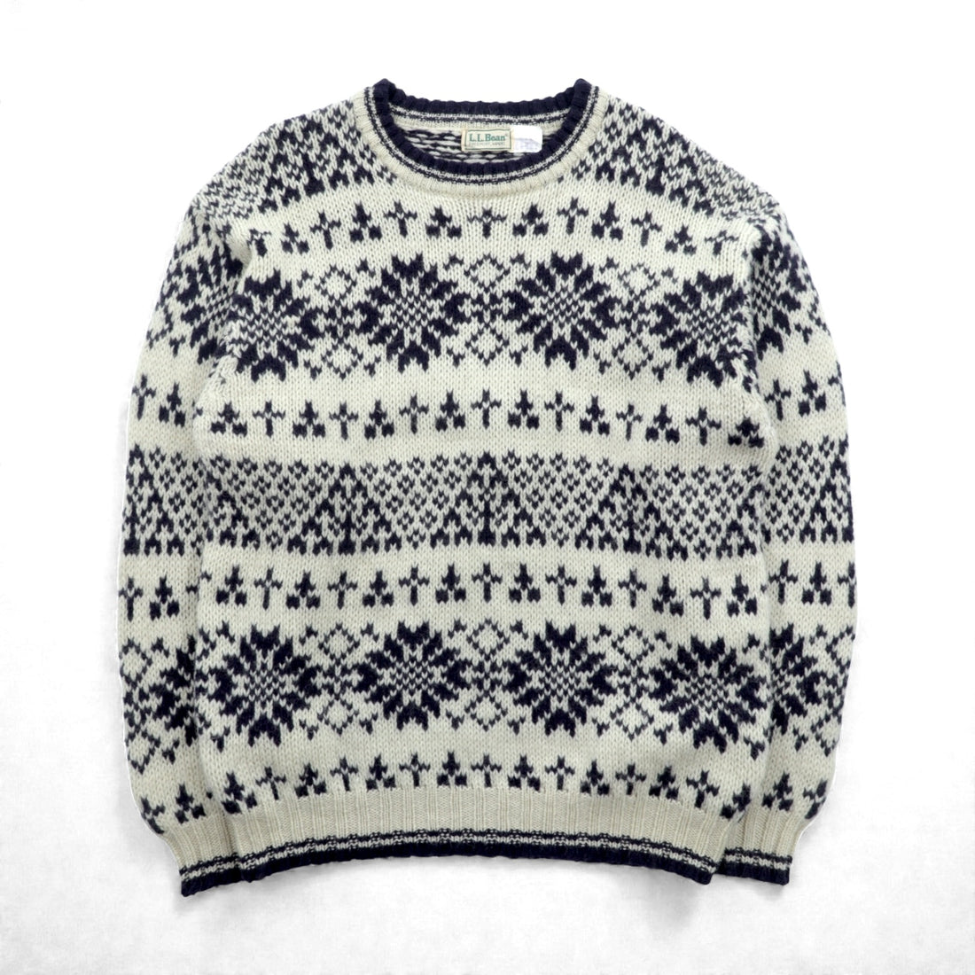 L.L.Bean 80s Made in USA Nordic Knit Sweater, Medium, White Allover Pattern Wool