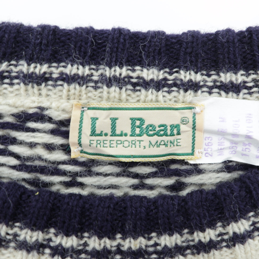 L.L.Bean 80s Made in USA Nordic Knit Sweater, Medium, White Allover Pattern Wool