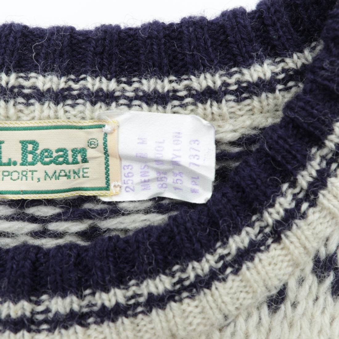 L.L.Bean 80s Made in USA Nordic Knit Sweater, Medium, White Allover Pattern Wool