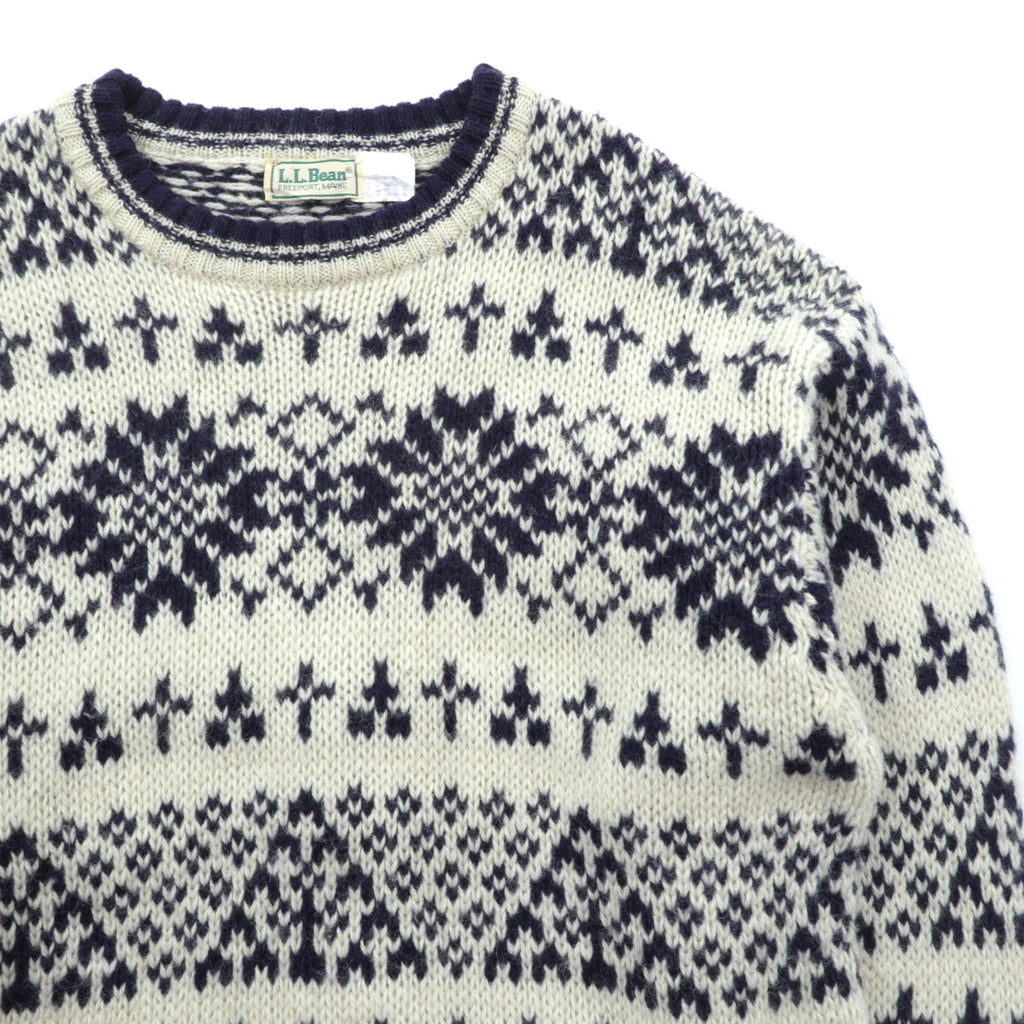 L.L.Bean 80s Made in USA Nordic Knit Sweater, Medium, White Allover Pattern Wool