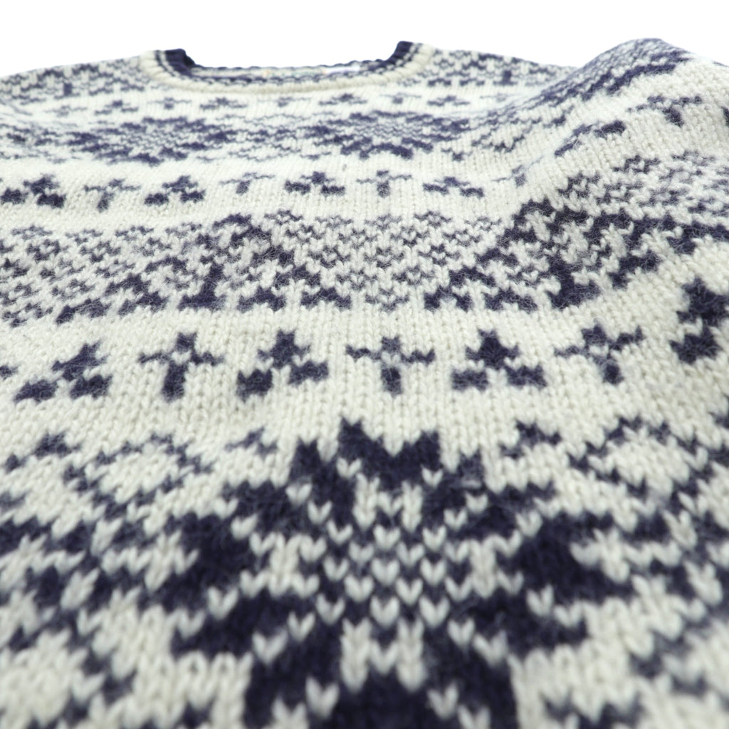 L.L.Bean 80s Made in USA Nordic Knit Sweater, Medium, White Allover Pattern Wool