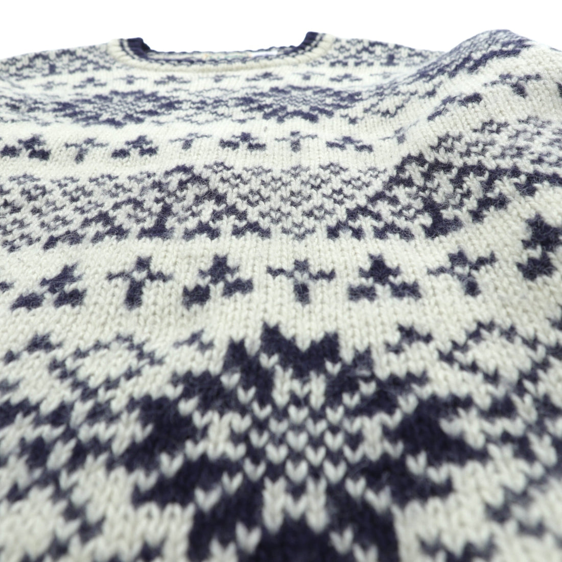 L.L.Bean 80s Made in USA Nordic Knit Sweater, Medium, White Allover Pattern Wool