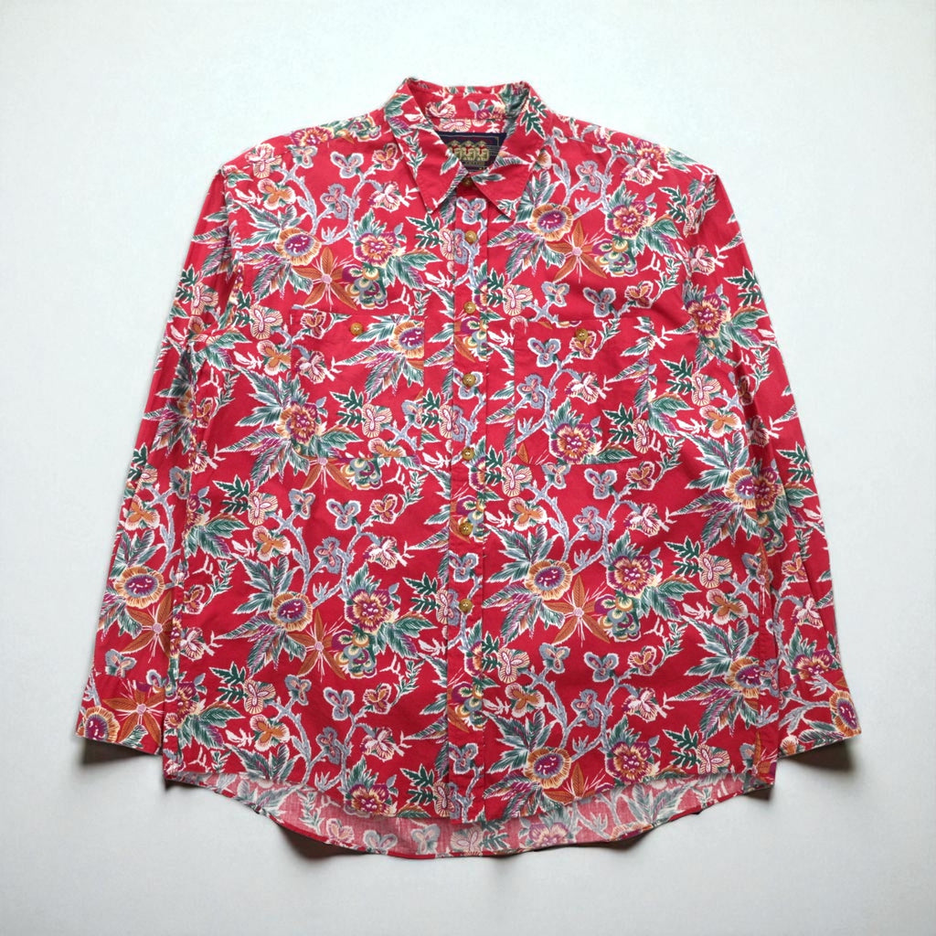 RALPH LAUREN 80年代 日本製 花柄シャツ 長袖 アロハシャツ L レッド ダブル 胸ポケット