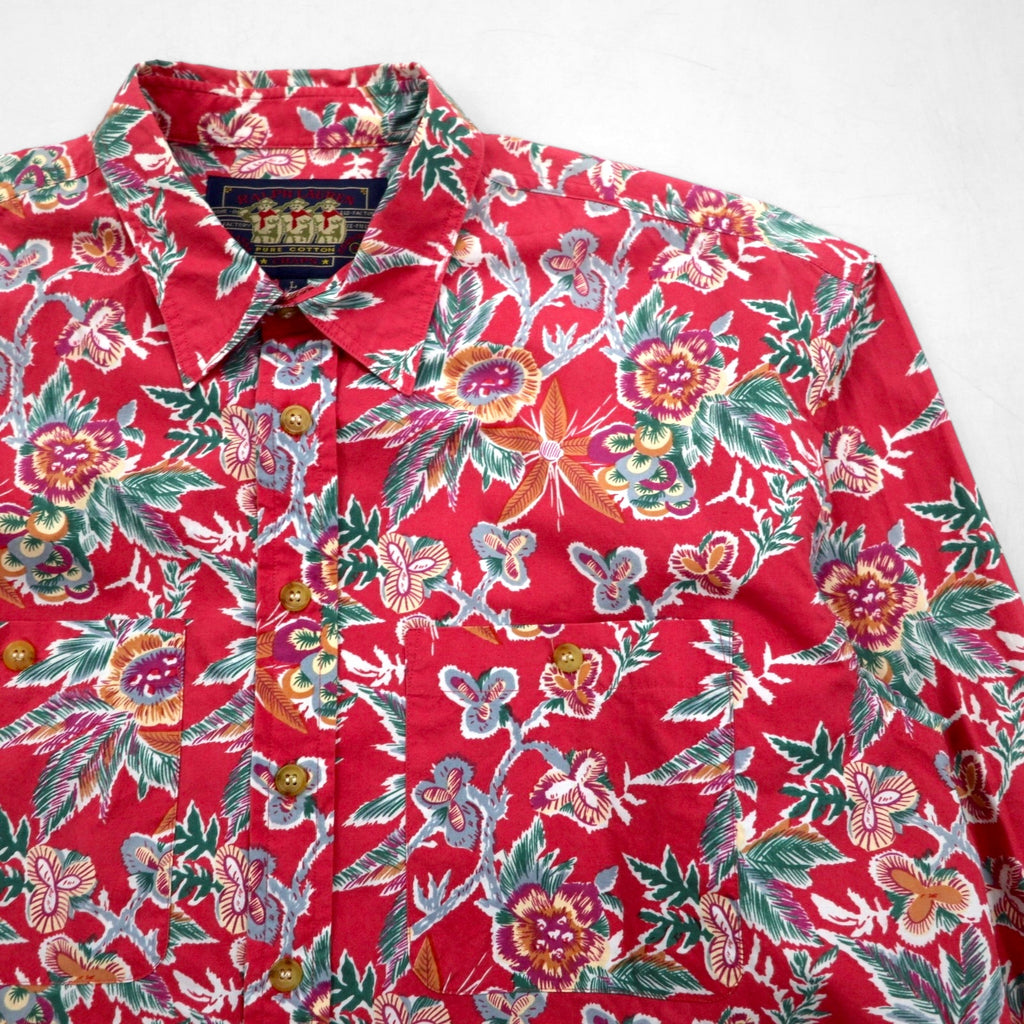 RALPH LAUREN 80年代 日本製 花柄シャツ 長袖 アロハシャツ L レッド ダブル 胸ポケット