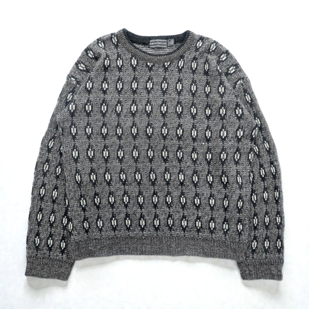 90s USA Vintage Jacquard Knit DAVID TAYLOR Allover Pattern Sweater XL Gray Made in