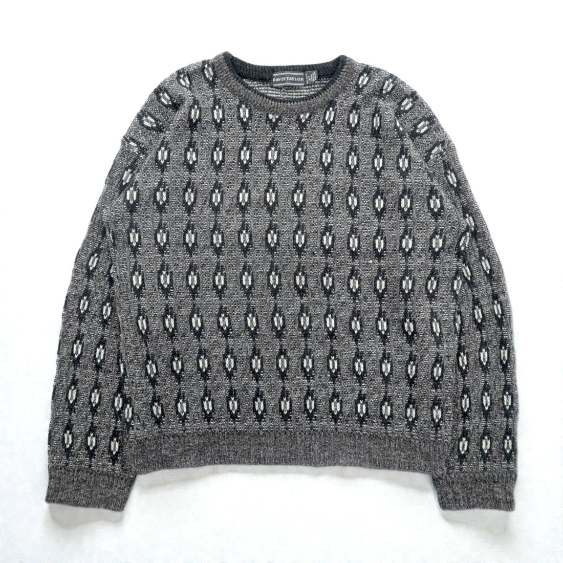 90s USA Vintage Jacquard Knit DAVID TAYLOR Allover Pattern Sweater XL Gray Made in