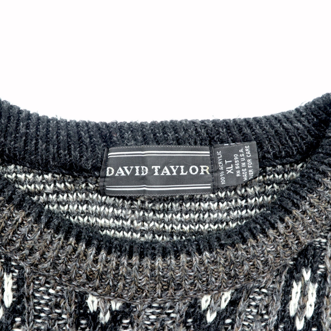 90s USA Vintage Jacquard Knit DAVID TAYLOR Allover Pattern Sweater XL Gray Made in