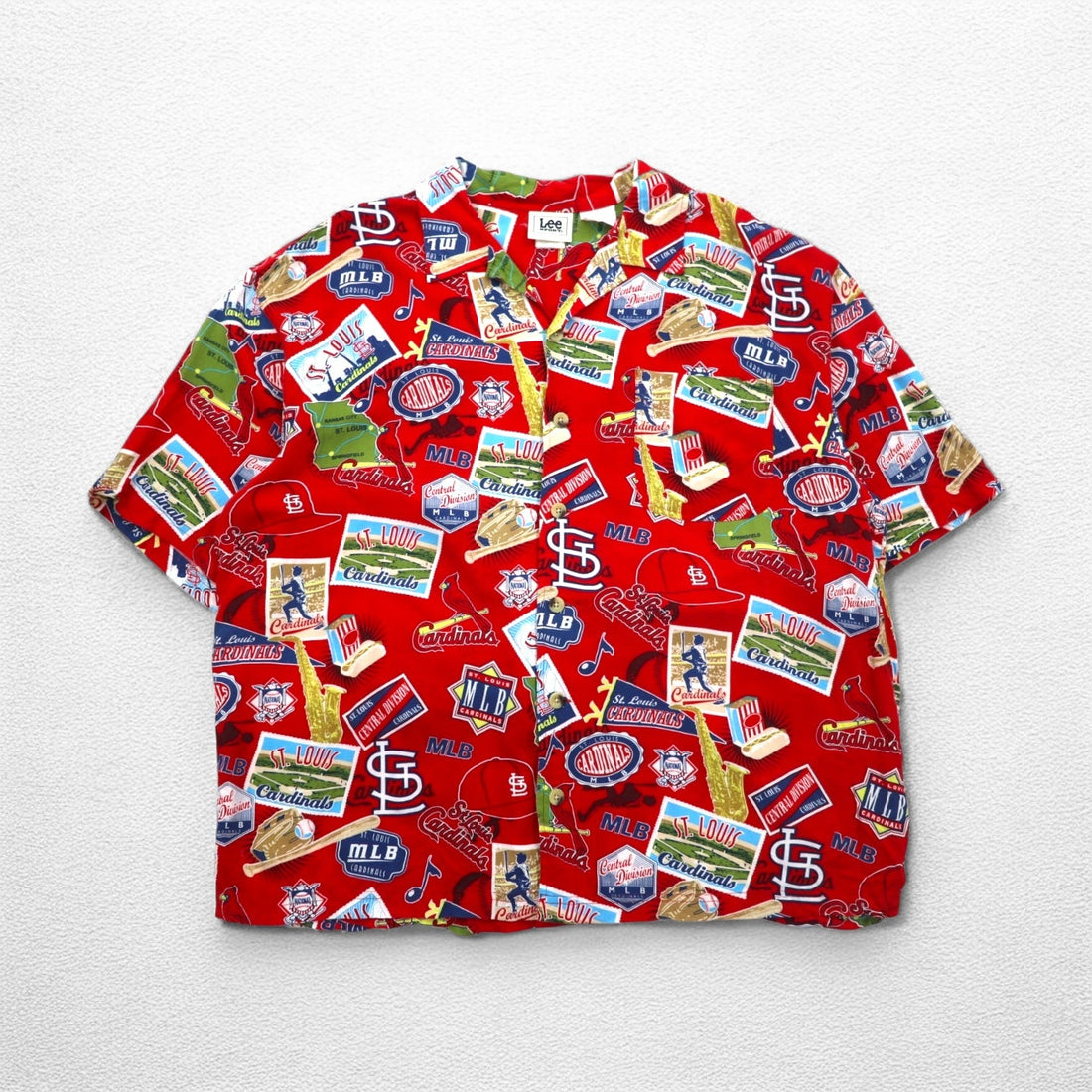 Lee SPORT 90s MLB open collar aloha shirt XL red rayon all-over pattern