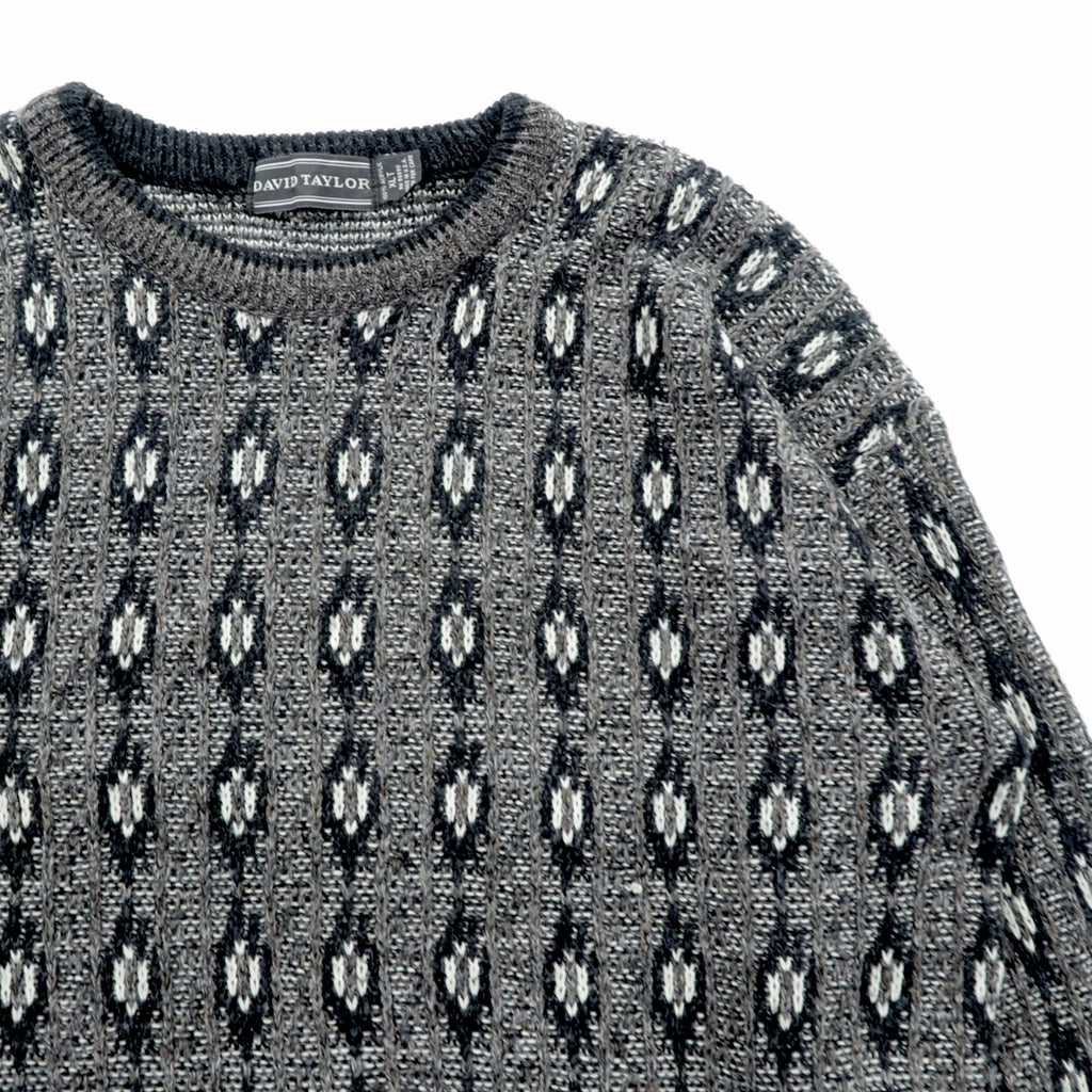 90s USA Vintage Jacquard Knit DAVID TAYLOR Allover Pattern Sweater XL Gray Made in