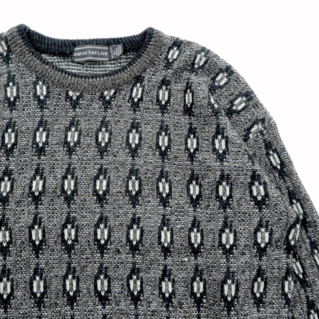 90s USA Vintage Jacquard Knit DAVID TAYLOR Allover Pattern Sweater XL Gray Made in