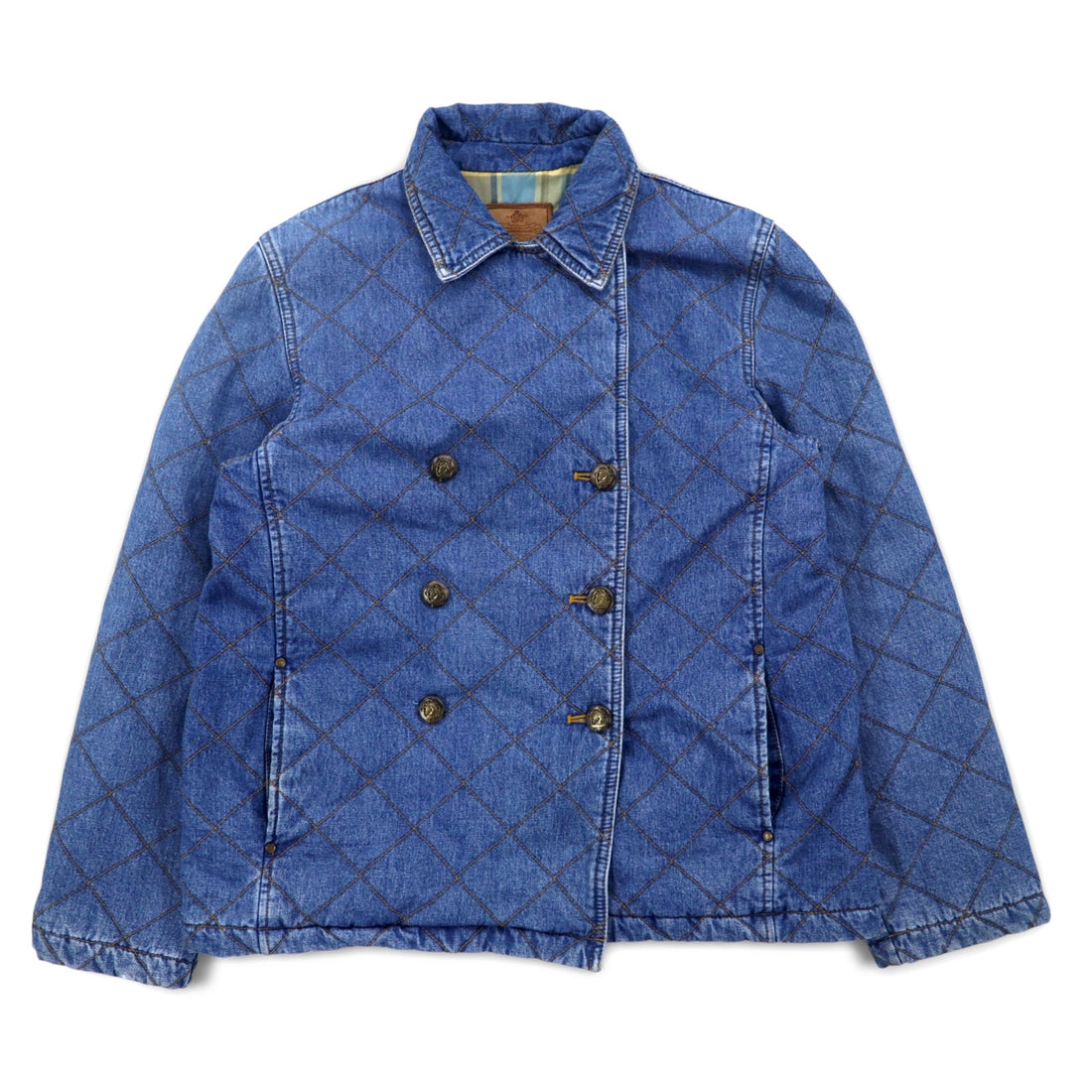 LAUREN JEANS CO. 90s Double Breasted Quilted Denim Jacket P Coat XL Indigo Blue Padded Check Lining