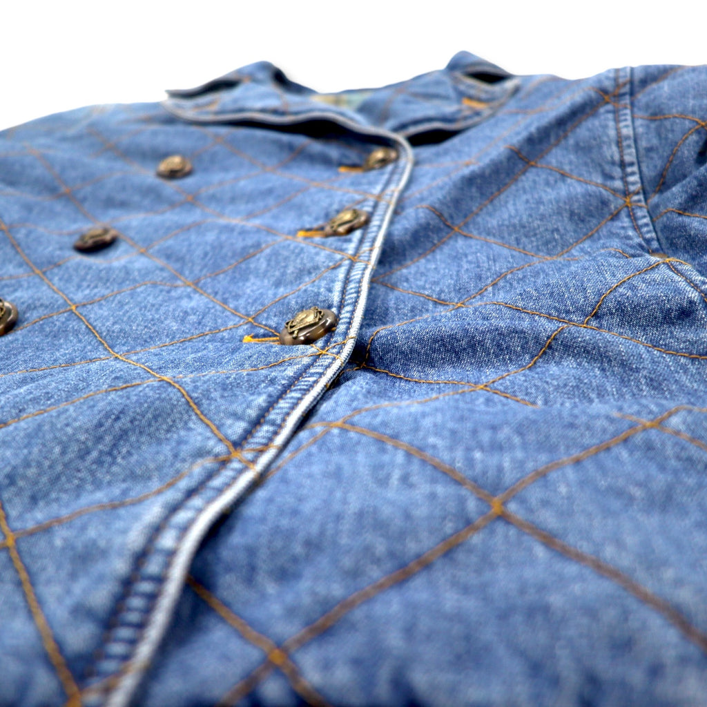 LAUREN JEANS CO. 90s Double Breasted Quilted Denim Jacket P Coat XL Indigo Blue Padded Check Lining