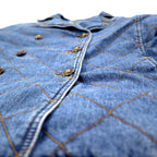 LAUREN JEANS CO. 90s Double Breasted Quilted Denim Jacket P Coat XL Indigo Blue Padded Check Lining