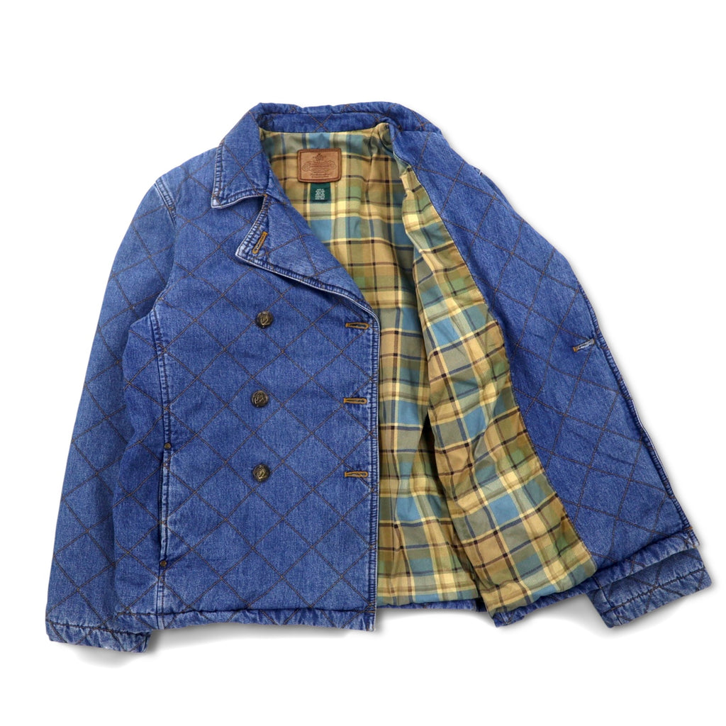 LAUREN JEANS CO. 90s Double Breasted Quilted Denim Jacket P Coat XL Indigo Blue Padded Check Lining