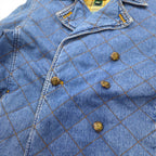 LAUREN JEANS CO. 90s Double Breasted Quilted Denim Jacket P Coat XL Indigo Blue Padded Check Lining