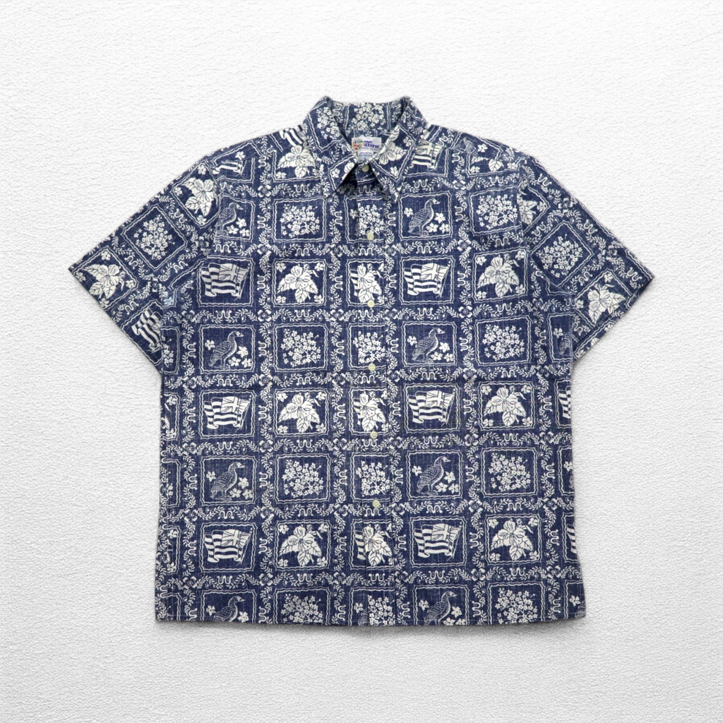 reyn spooner 90年代 ハワイ製 ビキニタグ ハワイアン アロハシャツ L ネイビー 総柄
