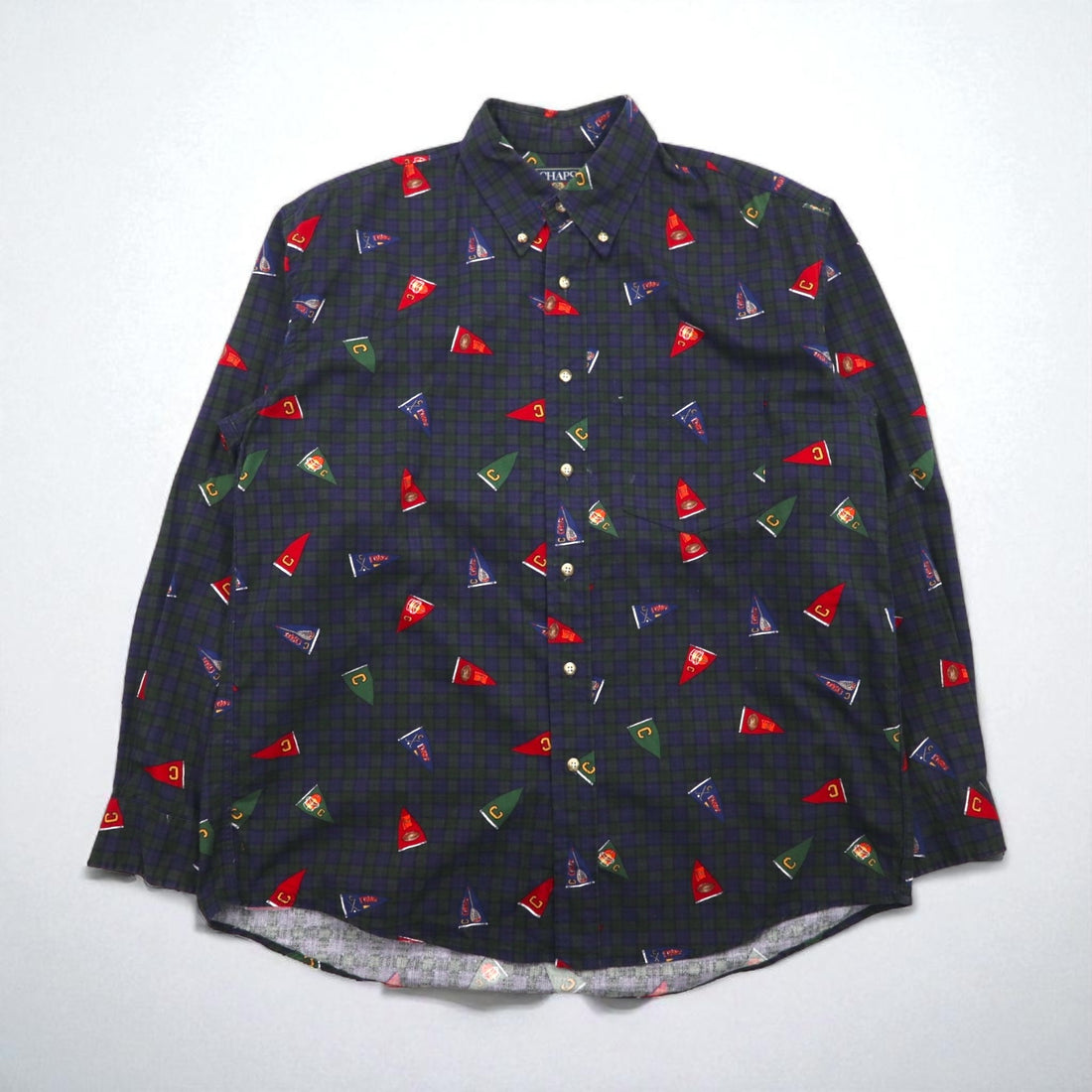 CHAPS RALPH LAUREN 90s Button-Down Shirt, Size L, Green Check, All-Over Print, Pennant Flag