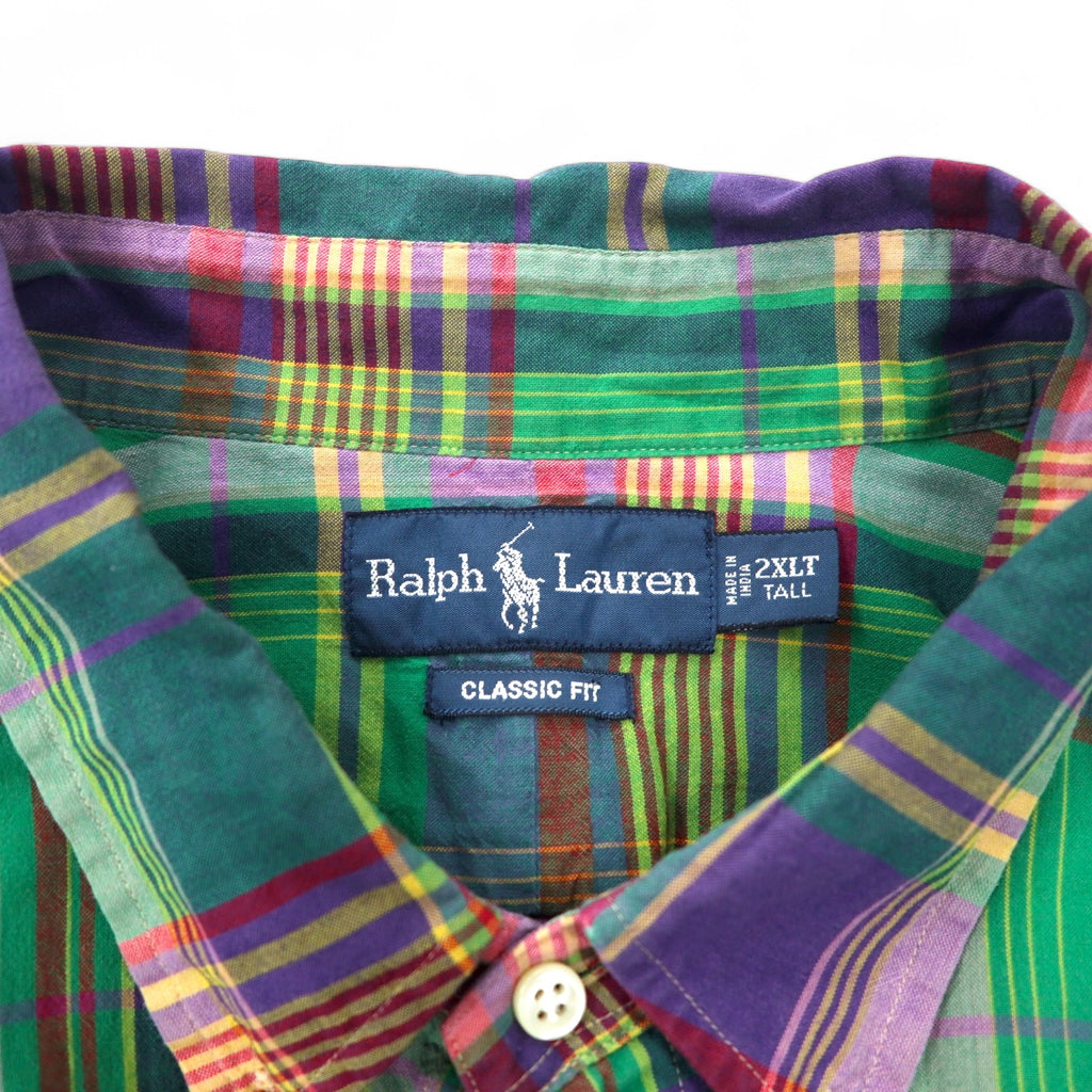 Ralph Lauren Classic Fit Short Sleeve Button Down Shirt 2XLT TALL Green Check Cotton Small Pony Embroidery Big Size