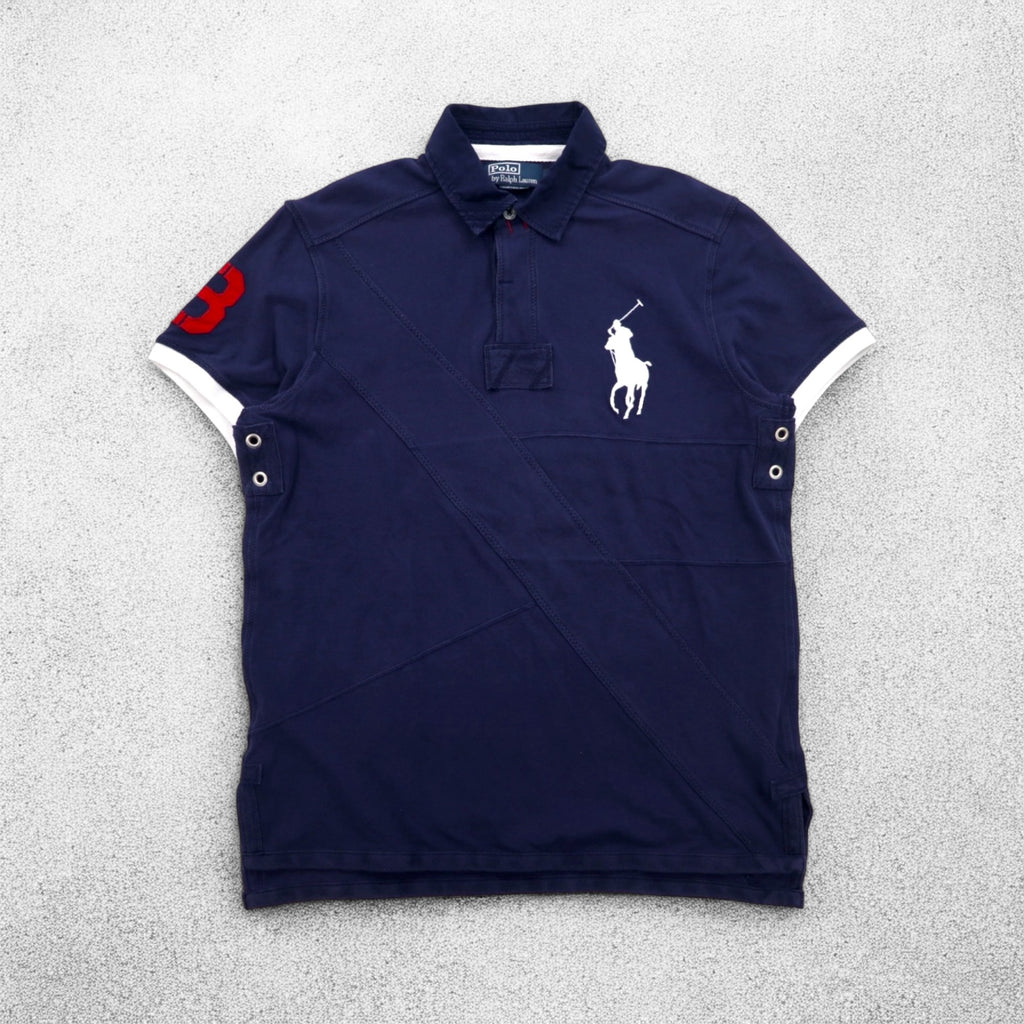 Polo by Ralph Lauren 90s Big Pony Embroidered Polo Shirt L Navy Pique Patchwork