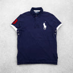 Polo by Ralph Lauren 90s Big Pony Embroidered Polo Shirt L Navy Pique Patchwork