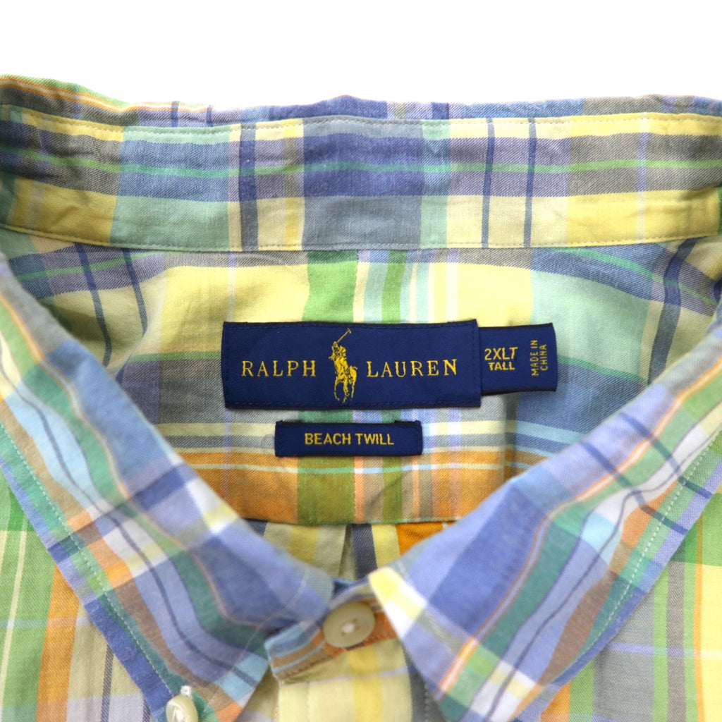 Ralph Lauren Beach Twill Short Sleeve Button Down Shirt 2XLT TALL Yellow Check Cotton Small Pony Embroidery Big Size