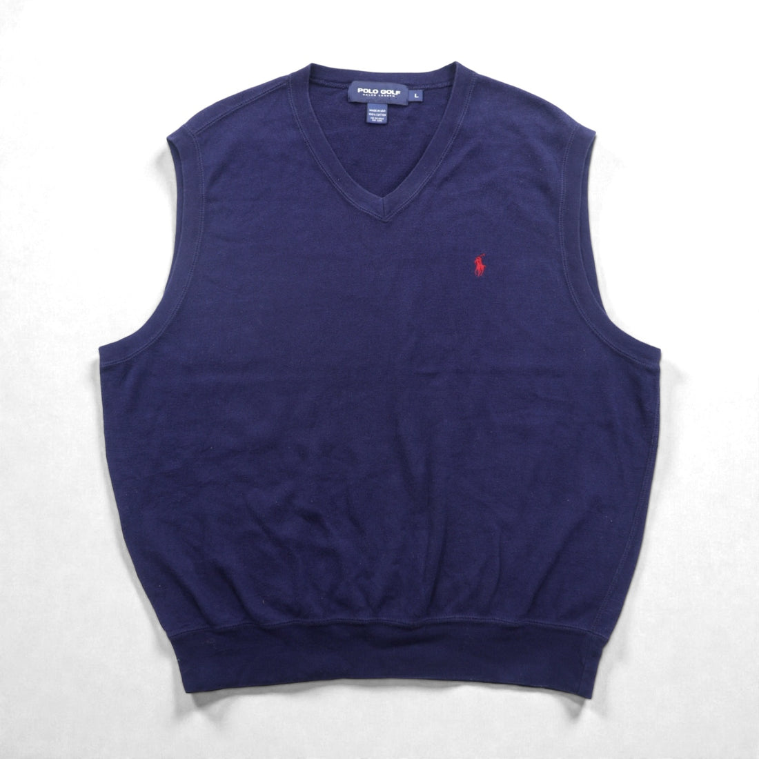 POLO GOLF RALPH LAUREN 90s Made in USA V-Neck Knit Vest L Navy Small Pony Embroidery