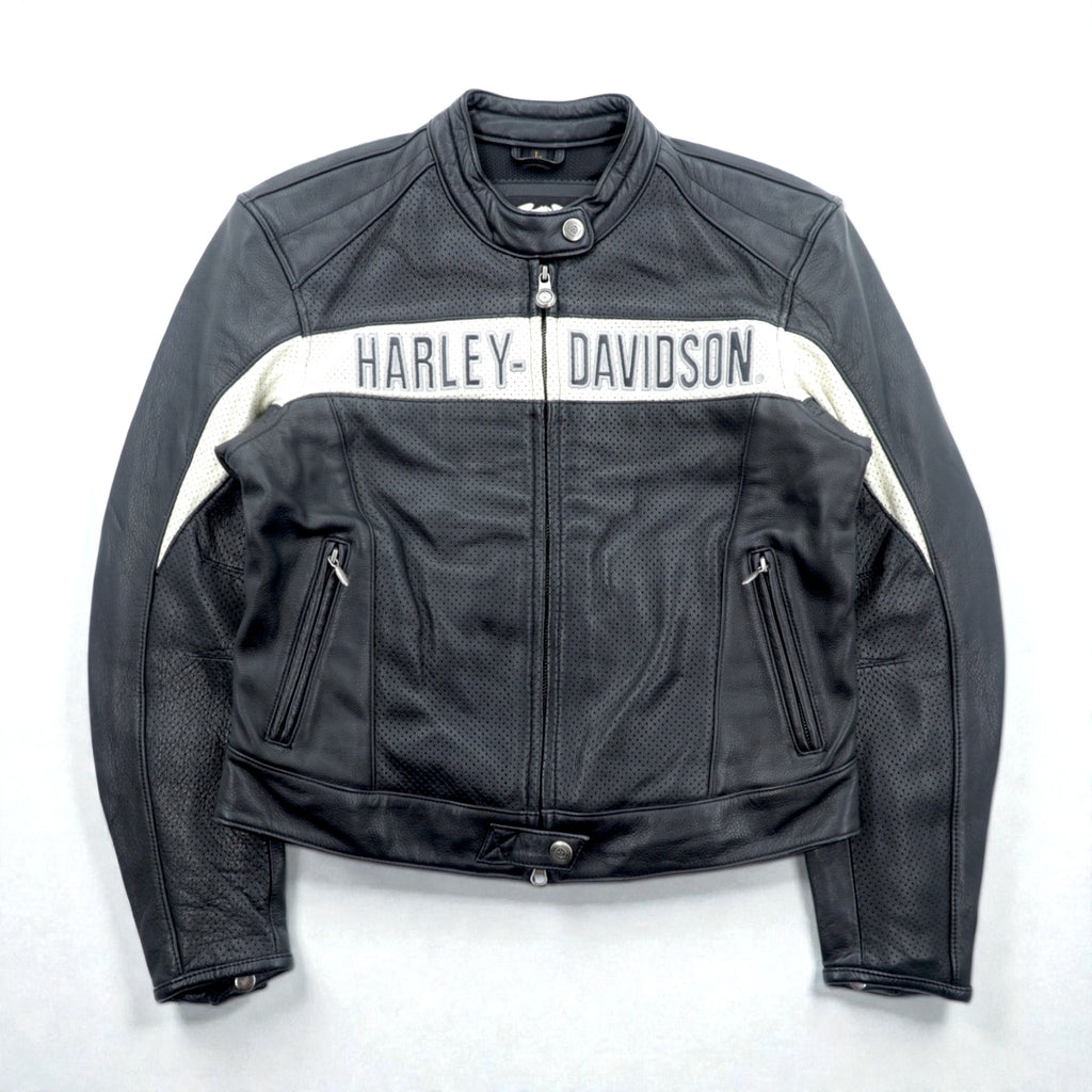 HARLEY DAVIDSON Punched Leather Racing Jacket, Size L, Single Rider's Double Zip, White Stripes