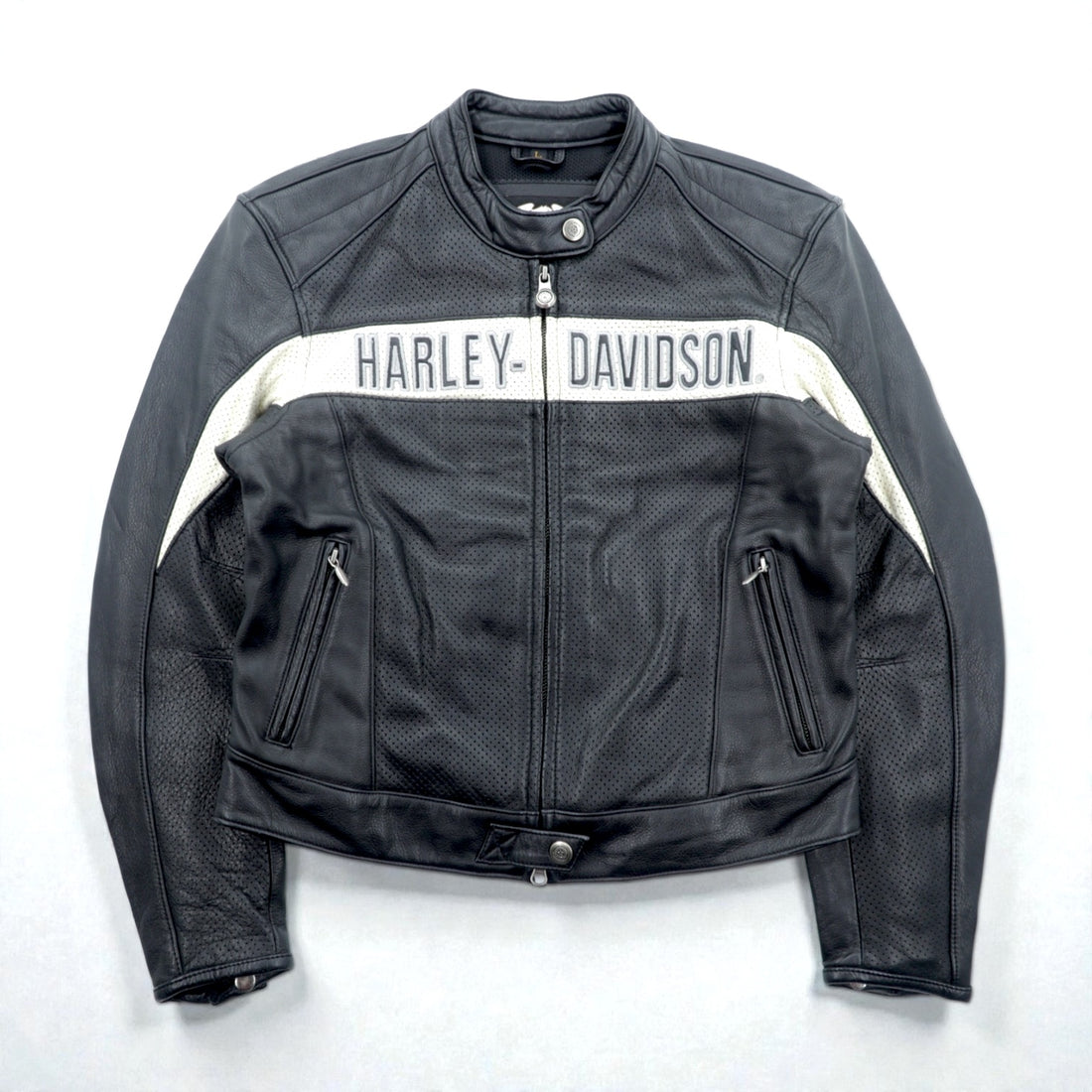 HARLEY DAVIDSON Punched Leather Racing Jacket, Size L, Single Rider's Double Zip, White Stripes
