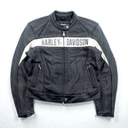 HARLEY DAVIDSON Punched Leather Racing Jacket, Size L, Single Rider's Double Zip, White Stripes