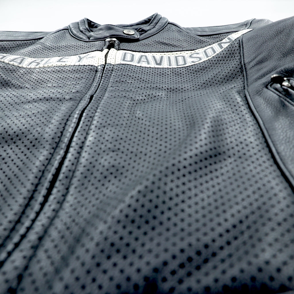 HARLEY DAVIDSON Punched Leather Racing Jacket, Size L, Single Rider's Double Zip, White Stripes