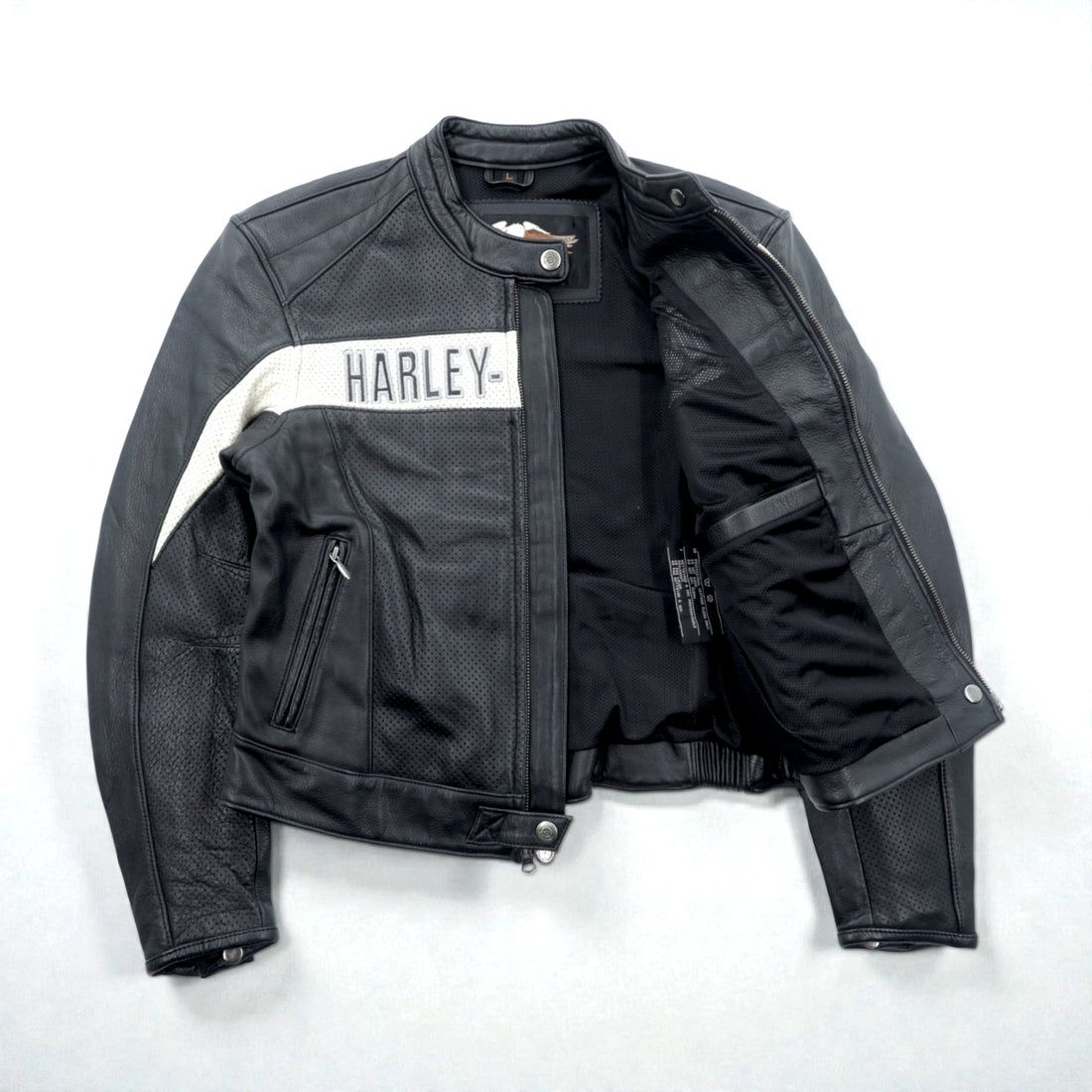 HARLEY DAVIDSON Punched Leather Racing Jacket, Size L, Single Rider's Double Zip, White Stripes