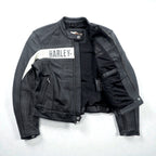 HARLEY DAVIDSON Punched Leather Racing Jacket, Size L, Single Rider's Double Zip, White Stripes