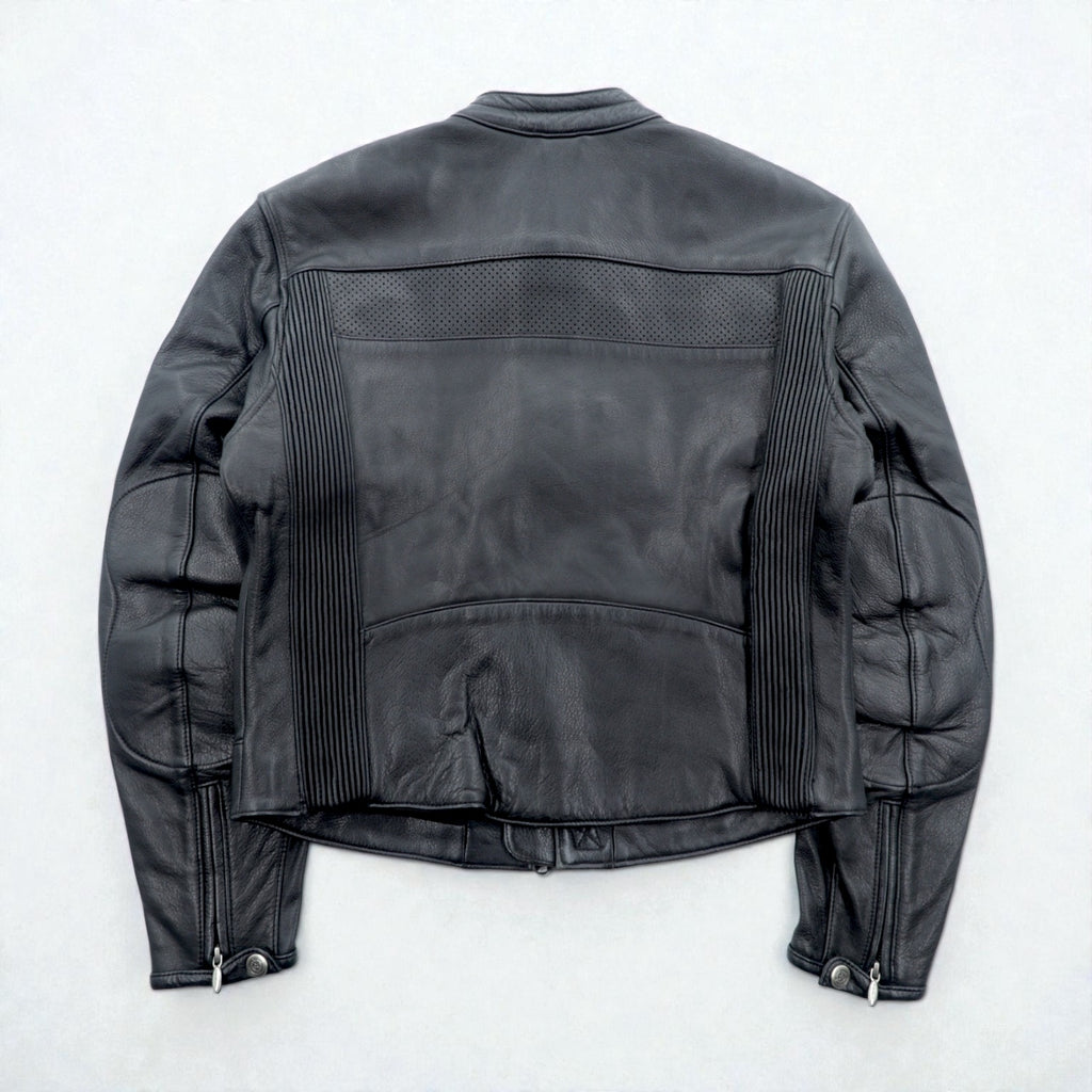 HARLEY DAVIDSON Punched Leather Racing Jacket, Size L, Single Rider's Double Zip, White Stripes