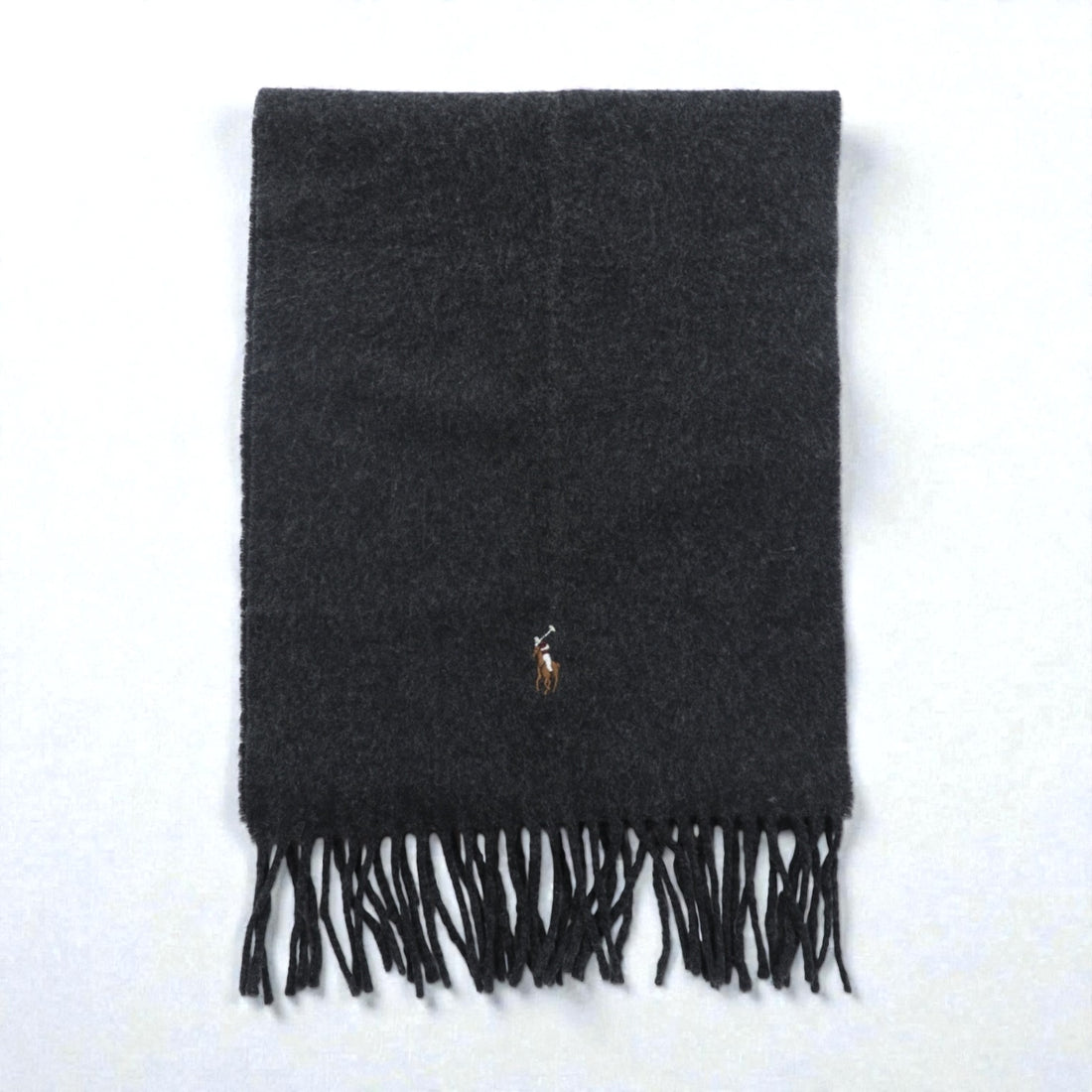 Polo Ralph Lauren Made in Italy Fringe Scarf Gray Wool Small Pony Embroidery